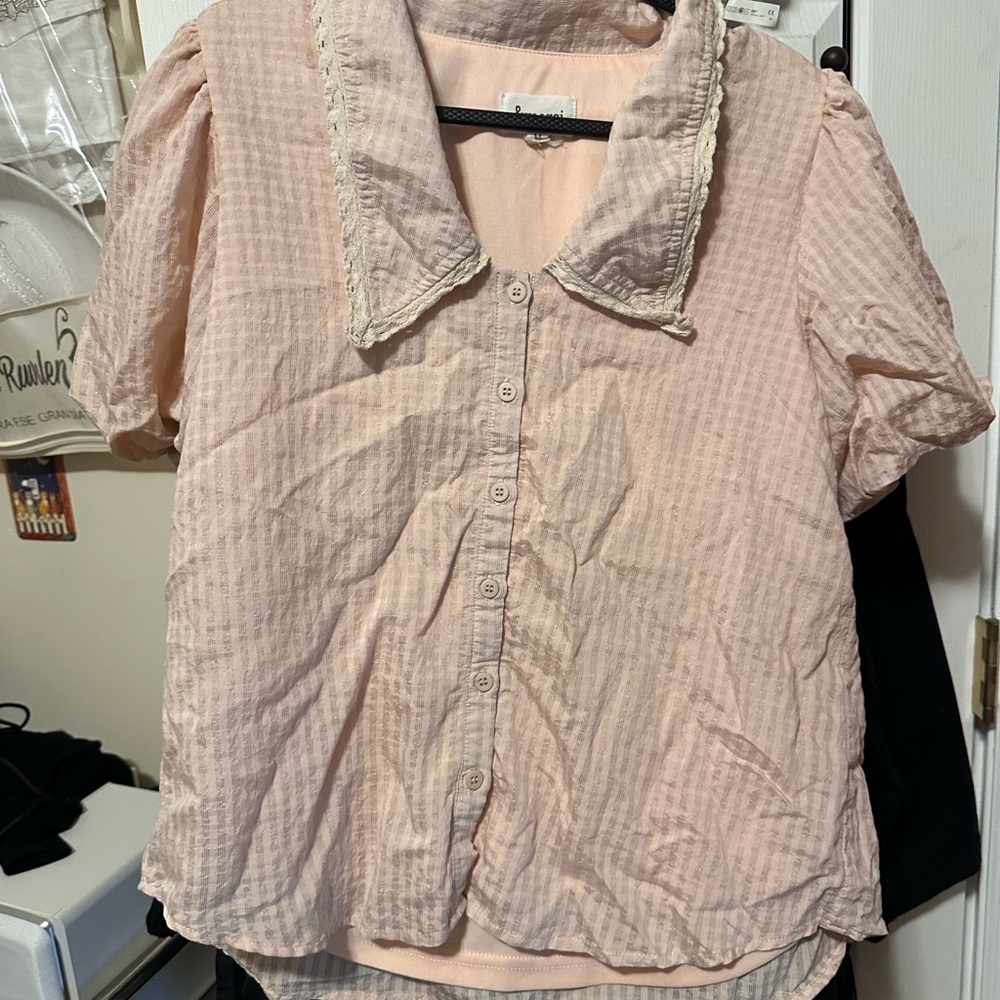 Pink Button-Up Blouse with Lace Trim